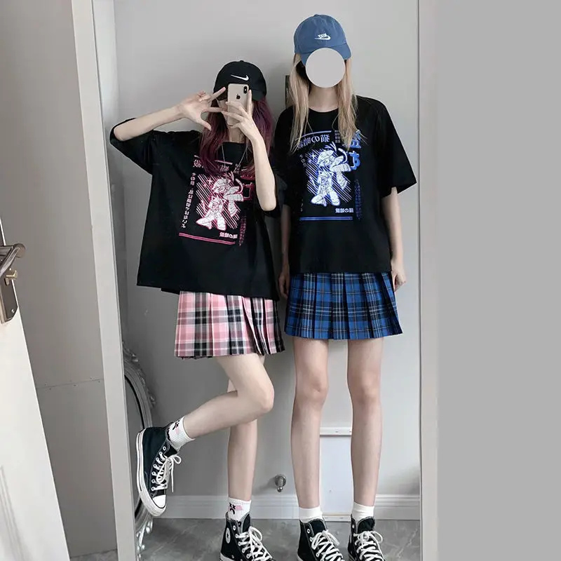 미적 Camisas Mujer 하라주쿠 티셔츠 Kawaii 닌자 고양이 인쇄 검은 여름 한국 팝 Streetwear 여성 세련된 캐주얼 탑스 티셔츠