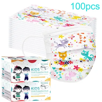 

100 PCs Lovely Kitten Cat Printed Disposable Mask Child Mask Dustproof Breathable Face Masks 3-Layer Protective Non Woven Masque