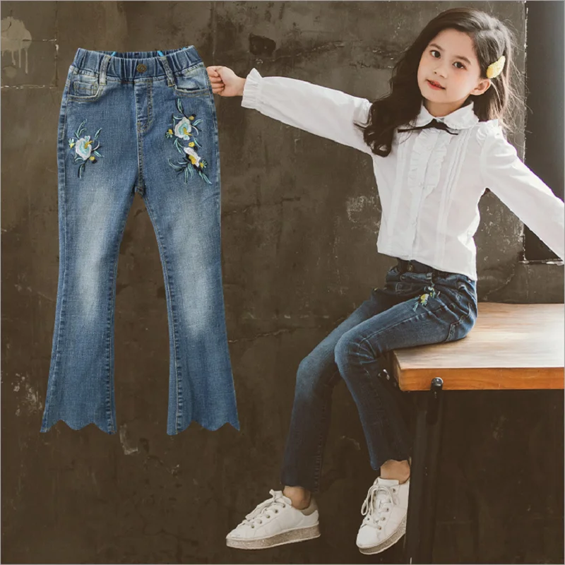 

Spring Ripped Jeans For Girls Kids Clothes Long Denim Pants Embroidered Elasticity Skinny Jeans Baby Girls Children's Jeans