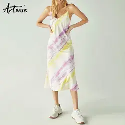 Artsnie Лето 2019 v шеи без рукавов, макси длинное платье для женщин с высокой талией Уличная Повседневная ремень платья с вырезом на спине