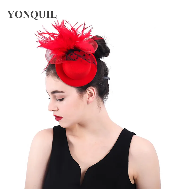 Multiple color children party race top hat ladies derby mesh fedora cap women elegant fascinator with fearher hair clip pins
