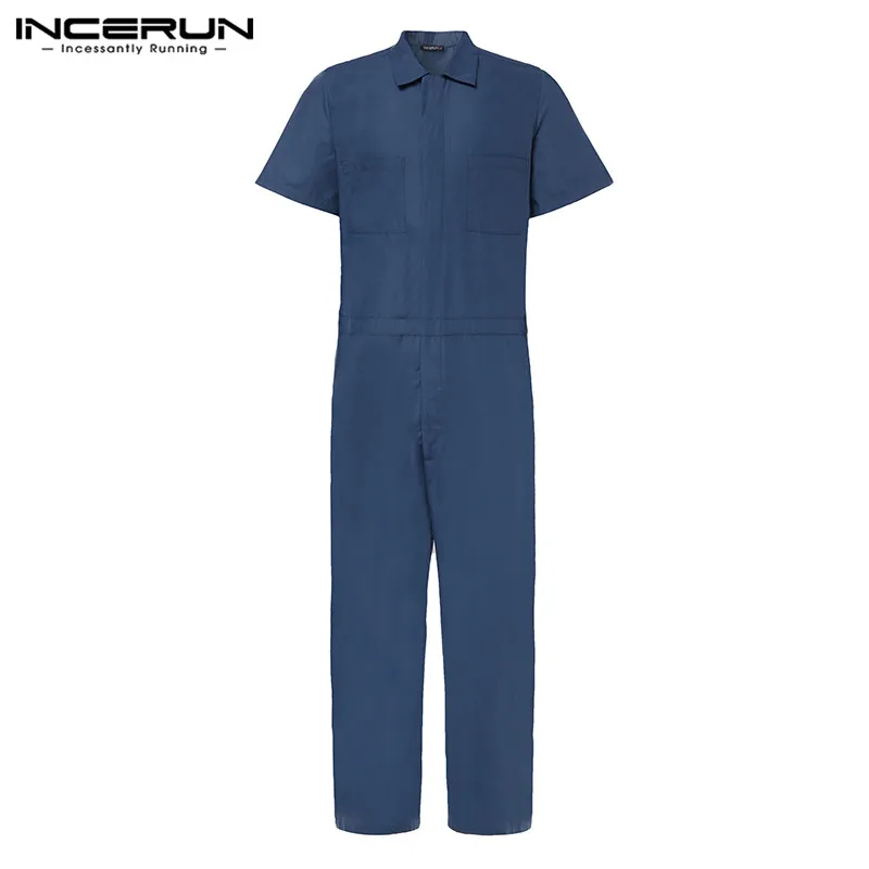 Blue INCERUN, мужские комбинезоны, повседневные, свободные, одноцветные, для бега, уличная одежда, короткий рукав, модные, прямые брюки, мужские комбинезоны, Карго, комбинезоны, S-5XL - Color: Blue