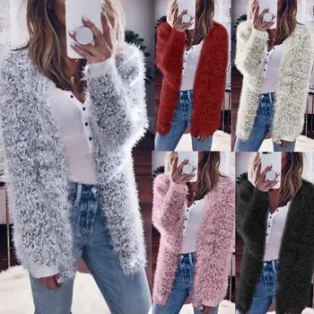 

Autumn Winter Women Solid Color Fluffy Long Sleeve Knit Coat Open Front Cardigan coat Casual Sweaters Women Loose Cardigan hot