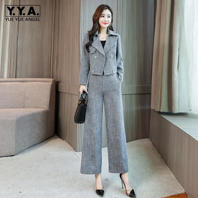 

Autumn New Elegant Double-Breasted Blazer Women Two Piece Set Fashion 2019 Office Lady Slim Fit Wide Leg Pants Set Gray M-2XL