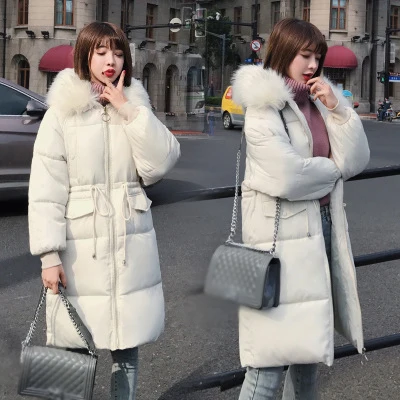 Белый Однотонные меховые с капюшоном, утепленные на молнии, длинные пуховые пальто для женщин, повседневные, с длинным рукавом, на шнуровке, теплые хлопковые пальто для женщин, Харди куртки, Новинка - Цвет: Белый