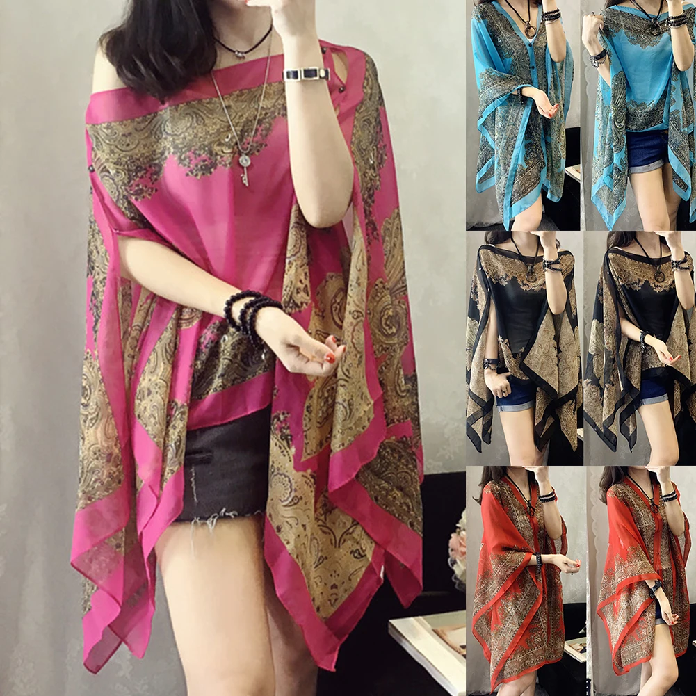 Summer Woman Plus Size Loose Shirts Cover Ups Scarf 10-color Chiffon Shawl Sunscreen Fabala Blouses Flower Sun Protection Shawl