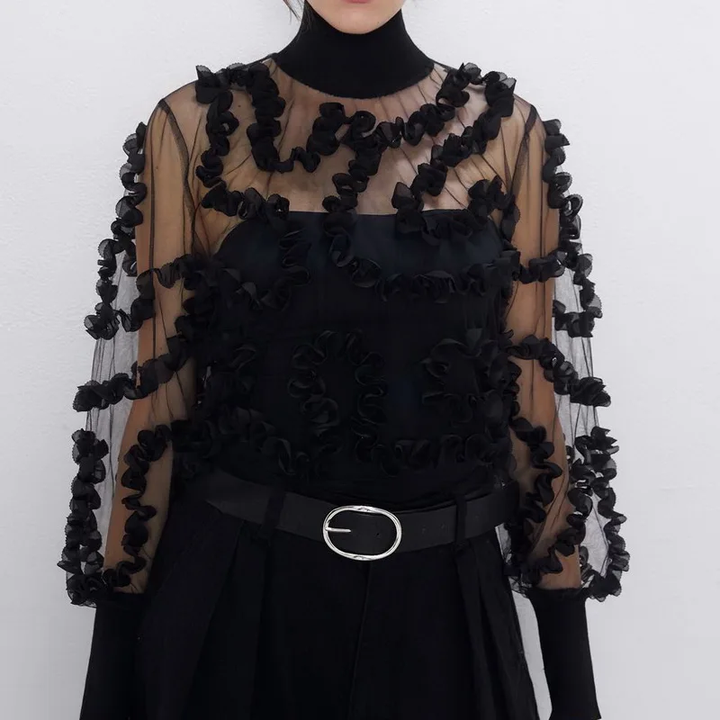  Sexy Women Blouse Autumn 2019 New Fashion Long Sleeve Transparent Black Shirt Tops Modern Lady Ruff