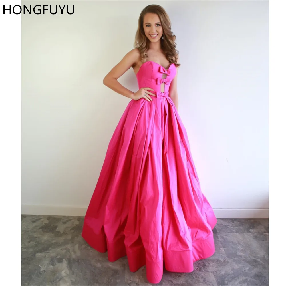 HONGFUYU Satin Hot Pink Prom Dresses Bowknot Sweetheart Zipper Party Gowns Full Length Evening Dress Formal Sleeveless Ball Gown