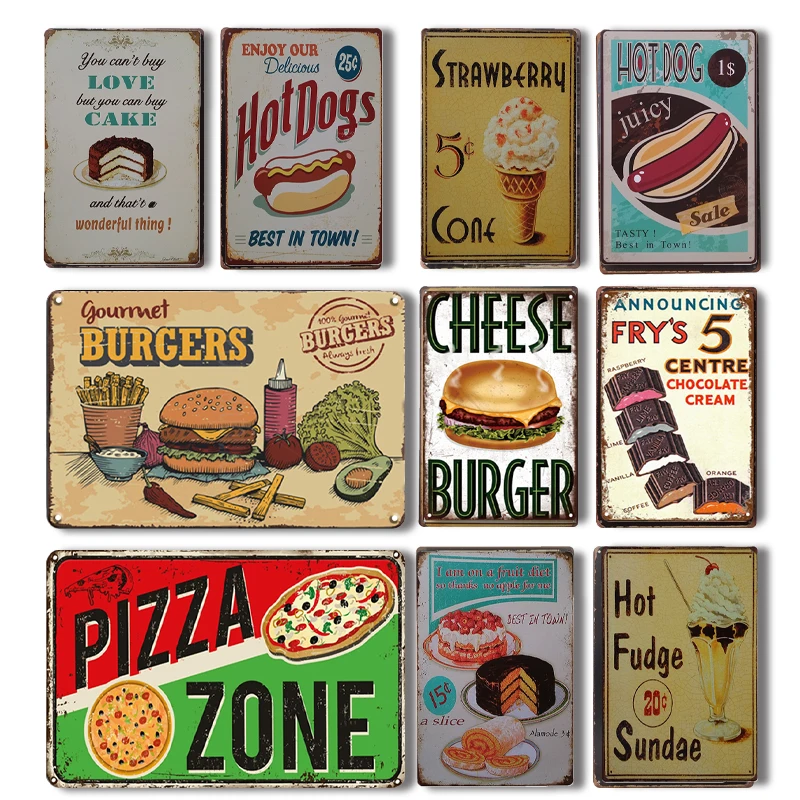 

Chic Pizza Zone Metal Plaque Sign Vintage Hot Dogs Tin Poster Popcorn Metal Painting Personalized Coffee Bar Kitchen Wall Deor
