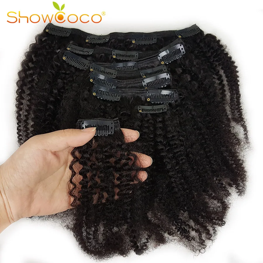Cena Showcoco mongolskie kręcone włosy typu kinky 8 sztuk Afro klip w prawdziwe ludzkie włosy rozszerzenie Machine made Remy 125G