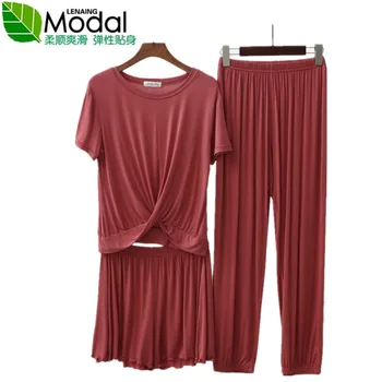 

Summer Viscose Women Three-piece Set Tracksuit Wide-Leg Shorts Female Sexy Linen Flower Color Short Sleeve T-shirt Casual Pants