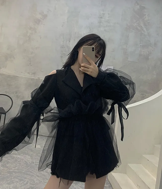 WHITNEY WANG Осенняя мода уличная дизайнерская стильная Съемная Сетка лоскутный Блейзер Женское пальто шикарные блейзеры