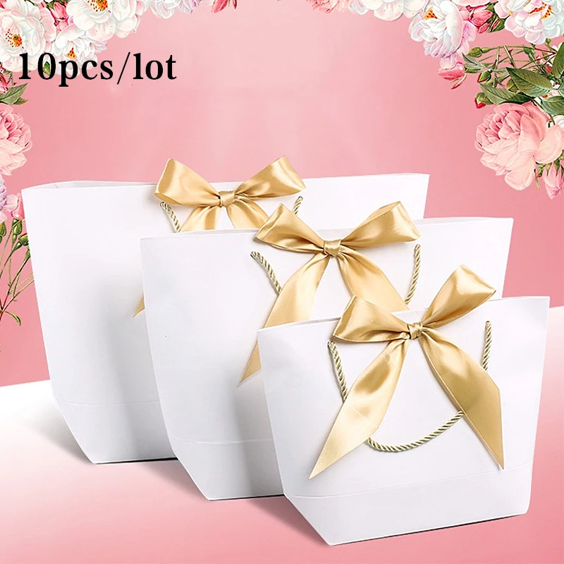 10Pcs/Pack Favor Bow Ribbon Gift Bag Recyclable DIY Paper Bags For Clothes Wedding Birthday Party With Handles Celebration Decor