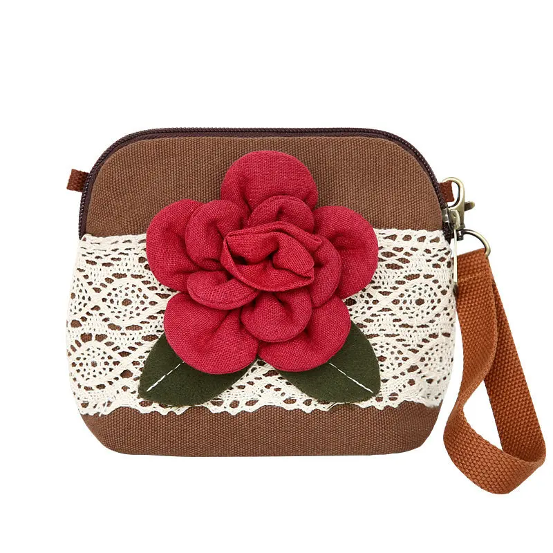 

Sansebuding Origional Retro Literature And Art Handmade Camellia Cotton Linen Textured Red Crossbody Bag Mobile Phone Bag