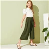 SHEIN Kiddie Girls Solid Button Side Pleated Palazzo Casual Pant Kids Bottom Summer High Waist Teenagers Loose Pants