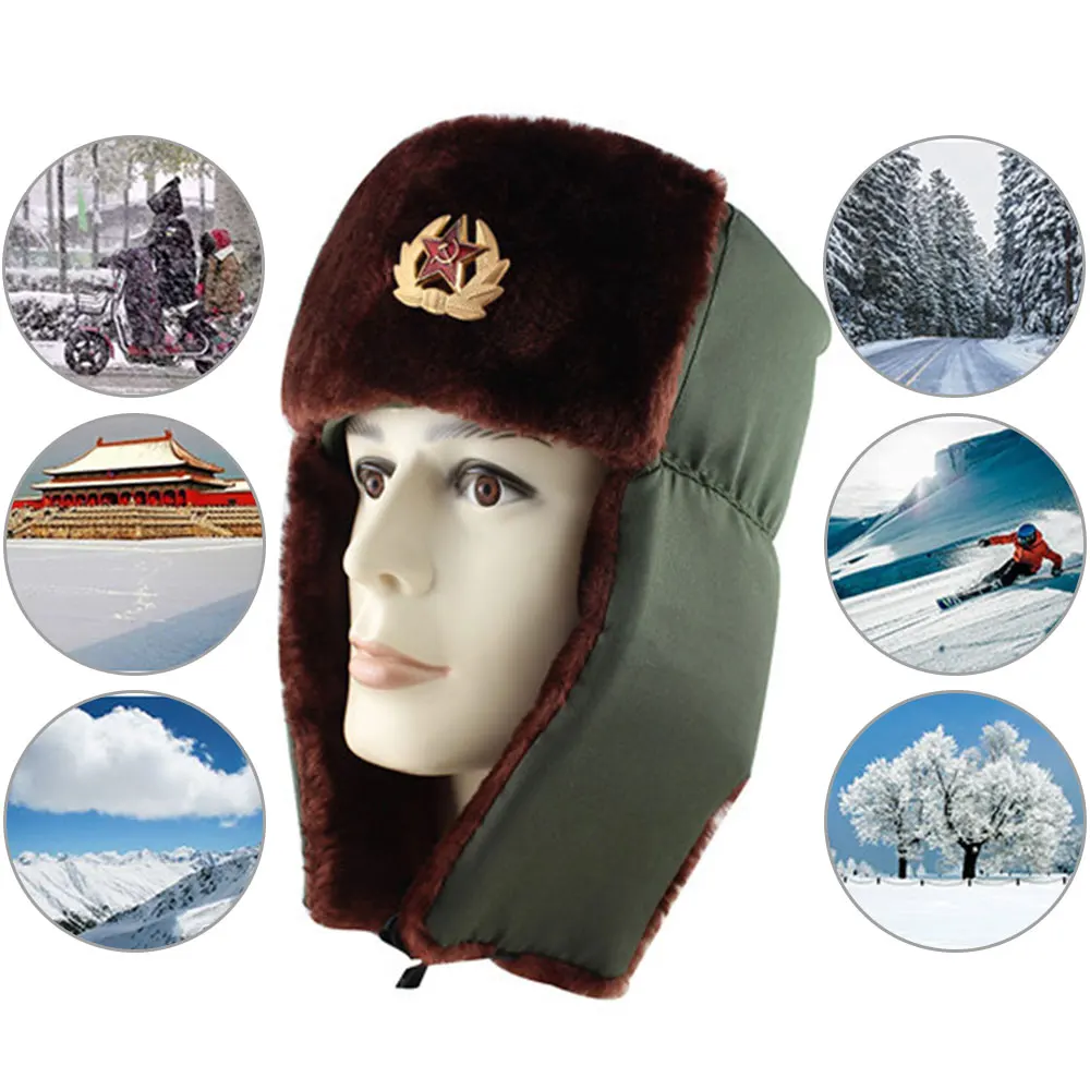 Hat Russian Army Military Hats Pilot Police Polyester Hat Winter Men Snow Skiing Cap With Earmuffs 55-60 Cm