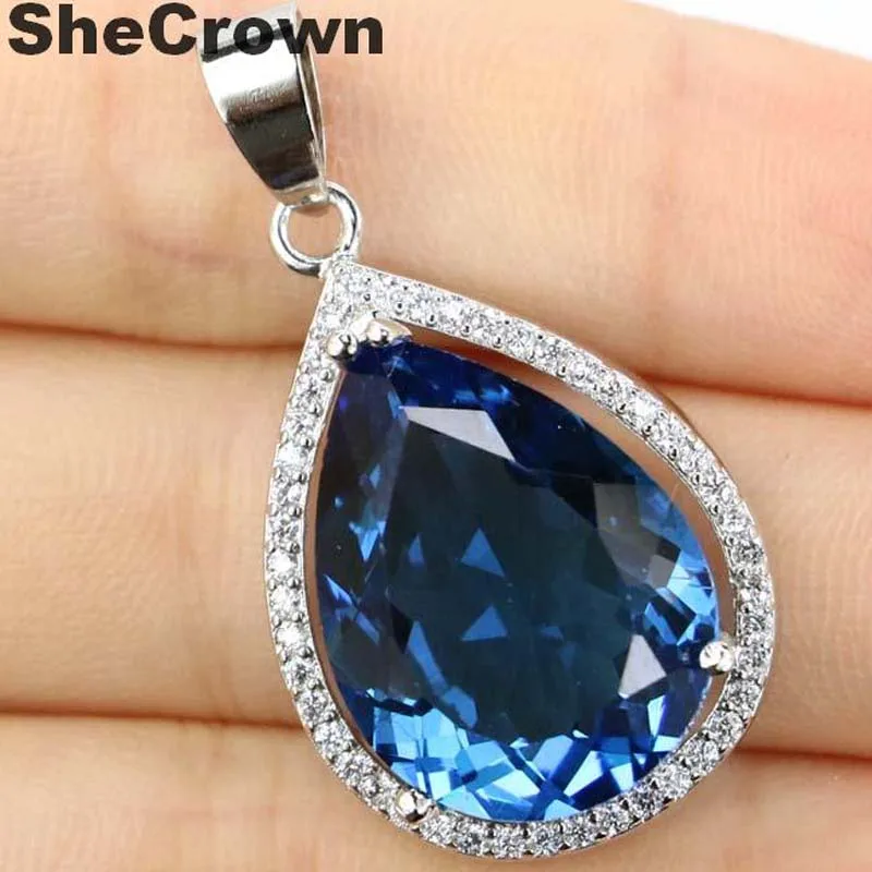 

32x19mm SheCrown Water Drop Shape 20x15mm Created London Blue Topaz White CZ Woman's Jewelry Making Silver Pendant