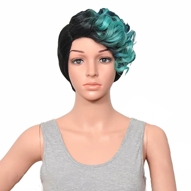 blue HAIRJOY женский специальный смешанный цвет боковая часть короткий кудрявый синтетический парик для волос - Цвет: blue