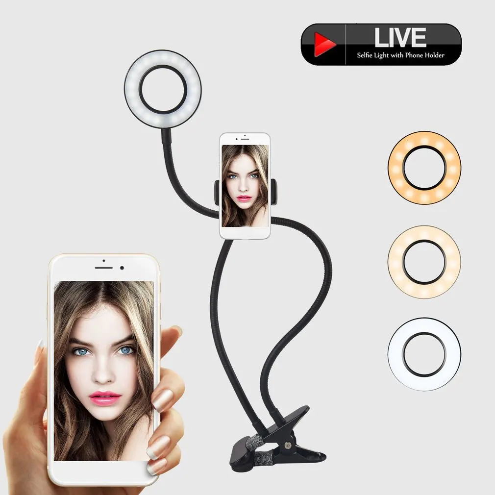 2-in-1 Handy Halter LED Selfie Ring Licht Live-Stream Telefon Clip Make-Up &C 