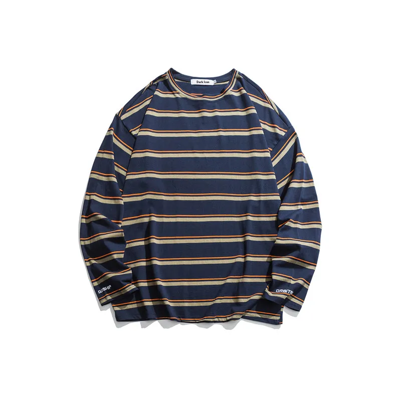 blue tshirt Темная икона полосатая футболка мужская с длинным рукавом Базовая негабаритная Мужская футболка хлопок футболки уличная одежда - Цвет: blue tshirt