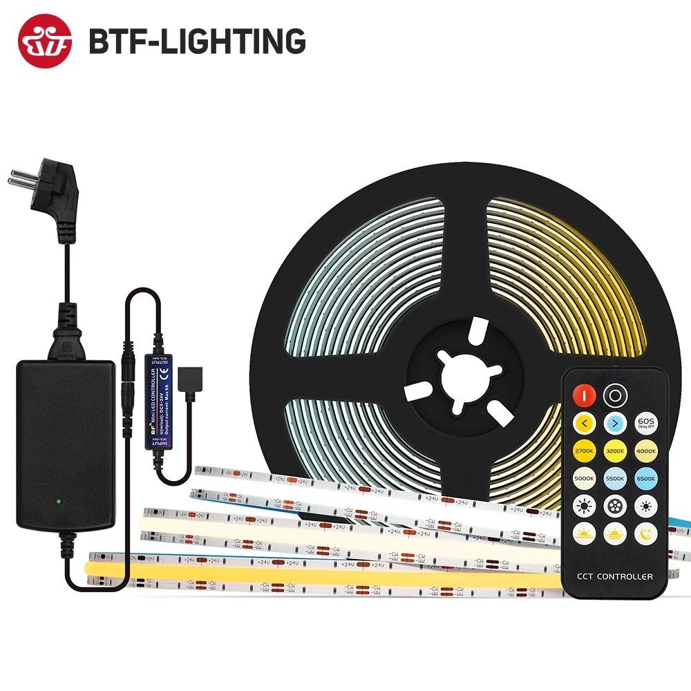 RF 17 Keys Dimmable FCOB CCT LED Light Strip Full Set High Density Flexible FOB COB Led Lights RA90 Warm White with White DC 24V
