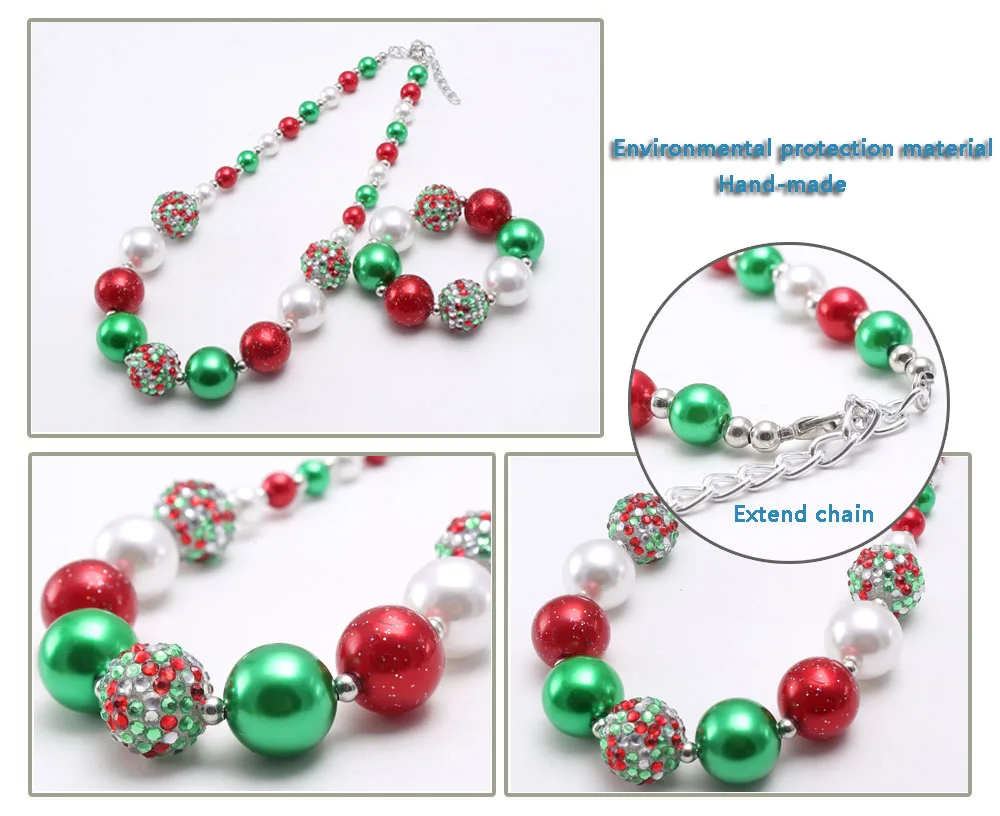 MHS. SUN рождественские украшения для маленьких девочек, милые массивные ожерелья с жевательной резиной, браслеты, зеленый+ красный+ белый бисер, diy ожерелье, детский подарок