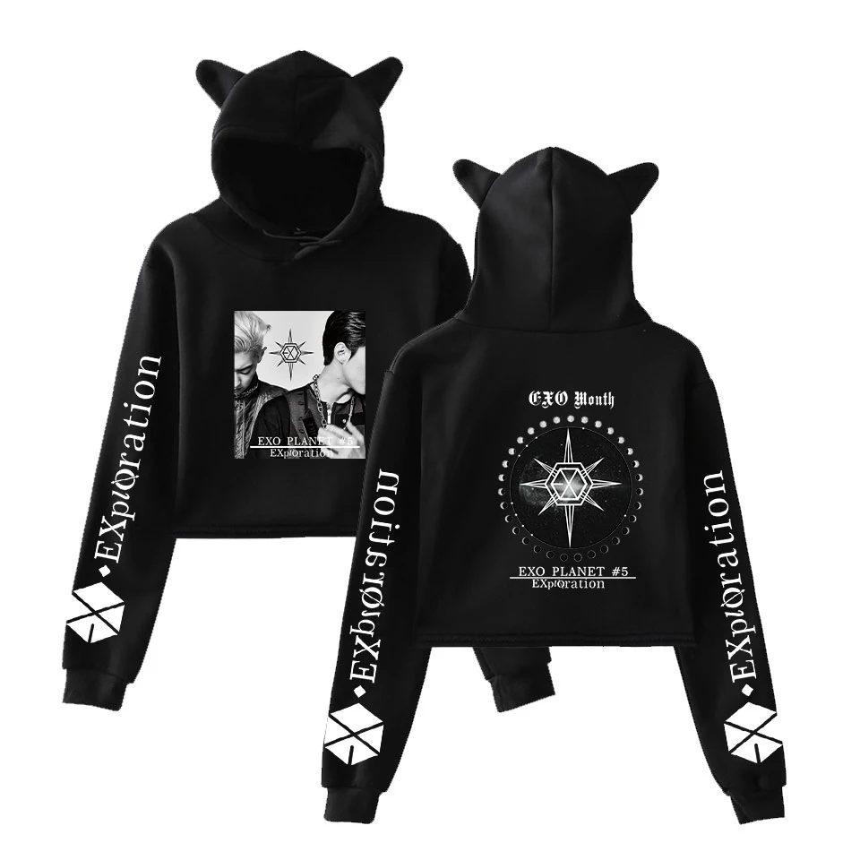 EXO PLANET-#5-Разведка Ulzzang кошачьи уши толстовка с капюшоном осенние женские кампусные пуловеры Harajuku Повседневная укороченная Толстовка