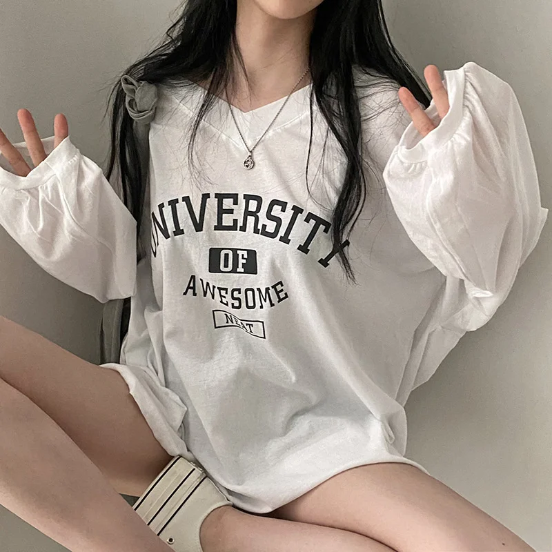 

2021 Women's Fall Casual Pullover Printed Contrasting Color Loose Simple V-Neck Sweatshirt All-match Qm*