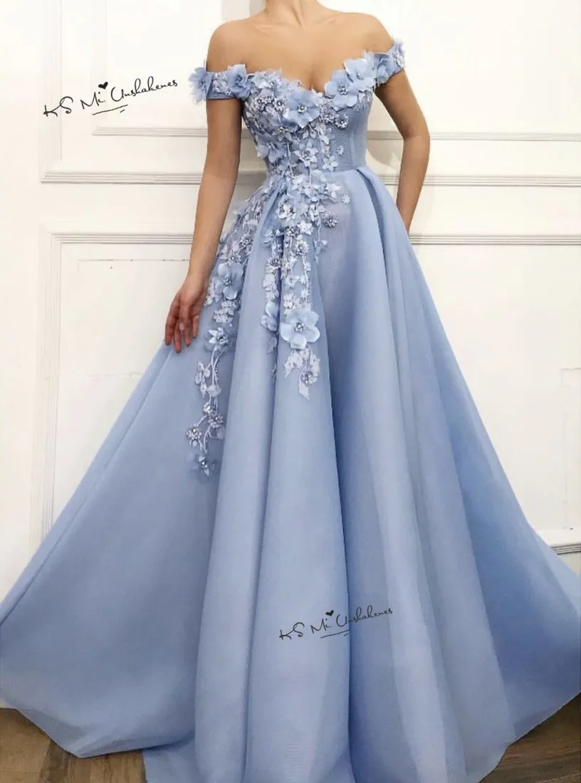 Скромное платье принцессы синего цвета платья для выпускного вечера с цветами с длинными с открытыми плечами торжественное Для женщин вечернее платье Vestido de Baile праздничного платья для женщин