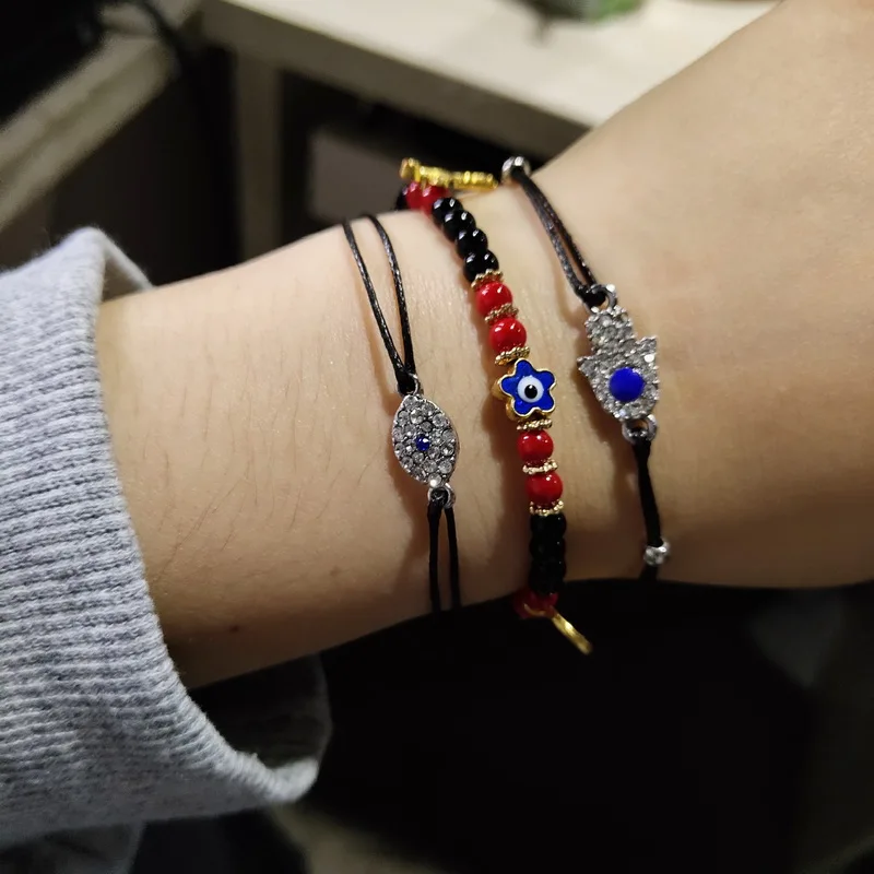 Rinhoo Handmade Vintage Rhinestone Palm Blue Evil Eye Pendant Link Chain Bracelet For Women Men Good Luck Bracelet bracelet jewelry