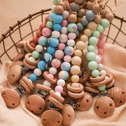Clips para chupete de bebé, cuentas de silicona, anillo de madera, cadena para chupete infantil, soporte para chupete, Clips para pezones