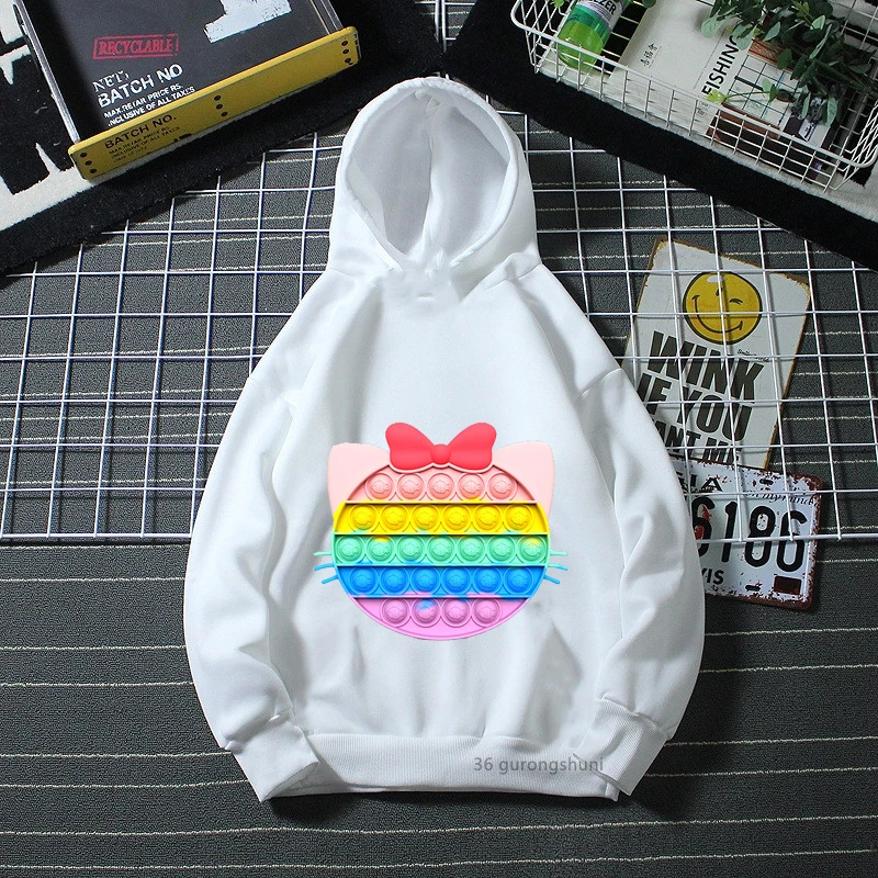 Rainbow Cat Bow Car Popit Print Pink Hoodies Girls/Boys Kawaii Kids Clothes Harajuku Fidget Toys Sweatshirt Winter/Spring Coat