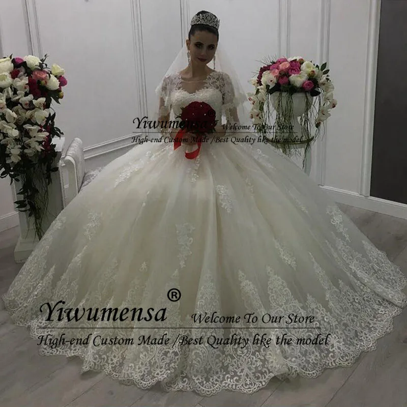 Воротник Sheer Jewel линия роскошные свадебное платье с одежда с длинным рукавом аппликации для свадебных платьев индивидуальный заказ развертки Поезд платья для матери невесты