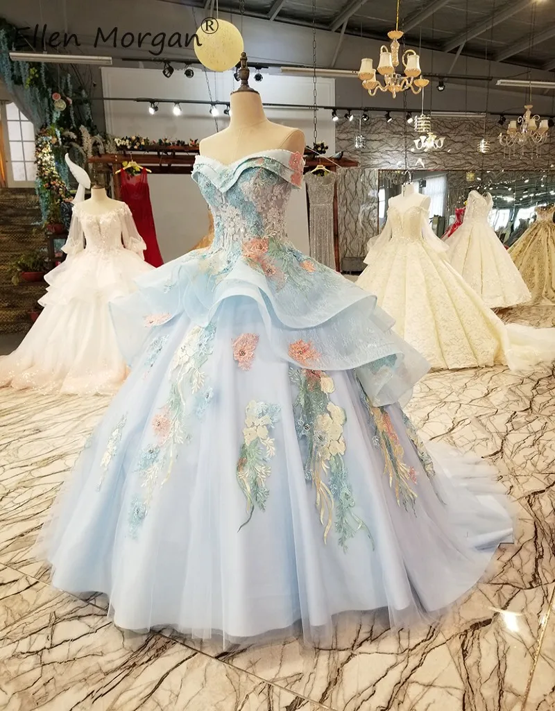 Яркое светло-синее свадебное платье длинное сексуальное без бретелек из тюля с аппликацией и рюшами для сада, бальное платье принцессы 2019
