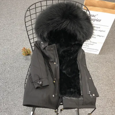 Army Green Coat Fur Jacket Girls Winter Clothes Rabbit Fur Kids Parkas Real Raccoon Fur Hooded Children Jacket For Girls TZ90 - Цвет: black black