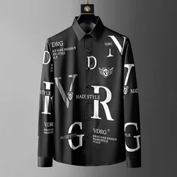 Shirt Business Sleeve Rhinestone Long Letter Casual Men 2021 Shirts Spring Slim Streetwear Dress Social Nightclub Chemise Homme