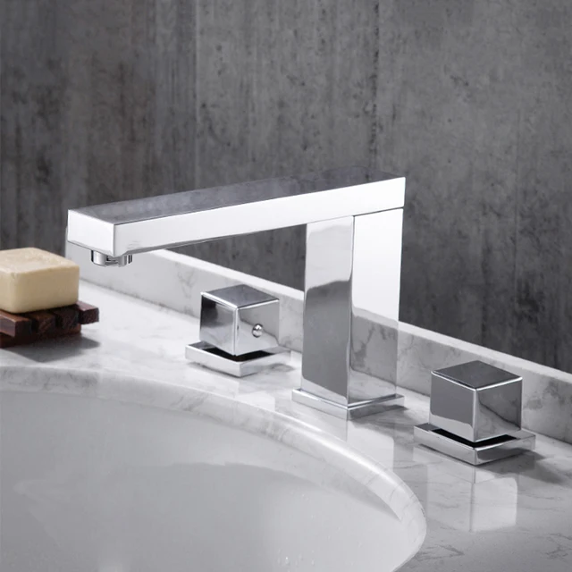 อ่างล้างหน้าก๊อกน้ำอ่างล้างหน้าก๊อกน้ำสีดำทองเหลือง3หลุมคู่หรูหรา Bathbasin อ่างอาบน้ำ Tap Cold Mixer น้ำ 5