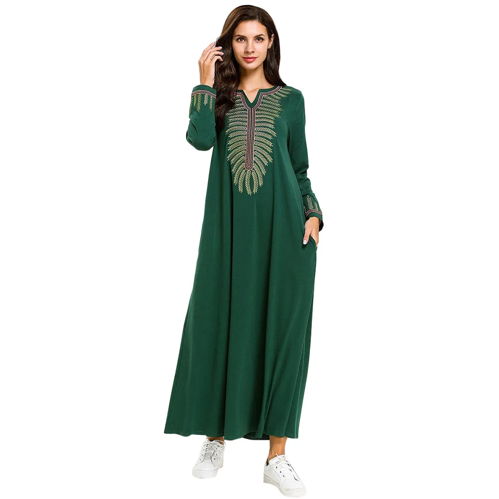 KLV осень-зима хлопок Abayas вышивка неупакованная Макси-юбка платье арабское полное длина Caftan Турция Ближний Восток мусульманские женские платья