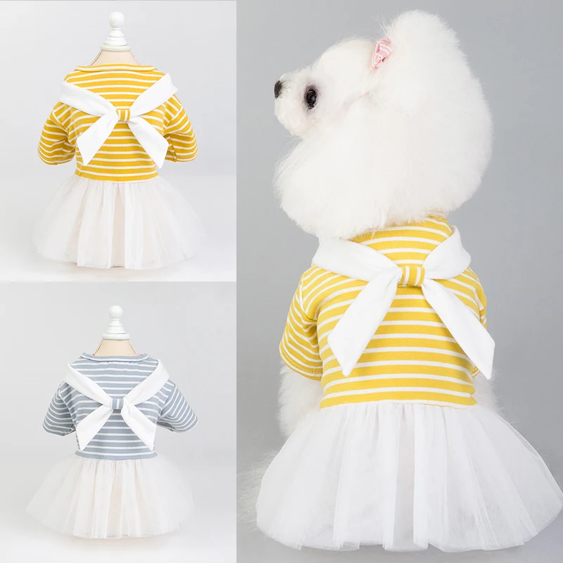 

HptYfd Pet Dog Dress Stripe Bowknot Princess Skirt for Small Medium Dogs Bichon Chihuahua Cute Party Pet Clothing