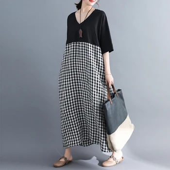 

Supermiss Summer Linen Maxi Dresses Loose Casual Plaid Half Sleeve Vintage V Neck Beach Sundresses Femme Tartan Tops