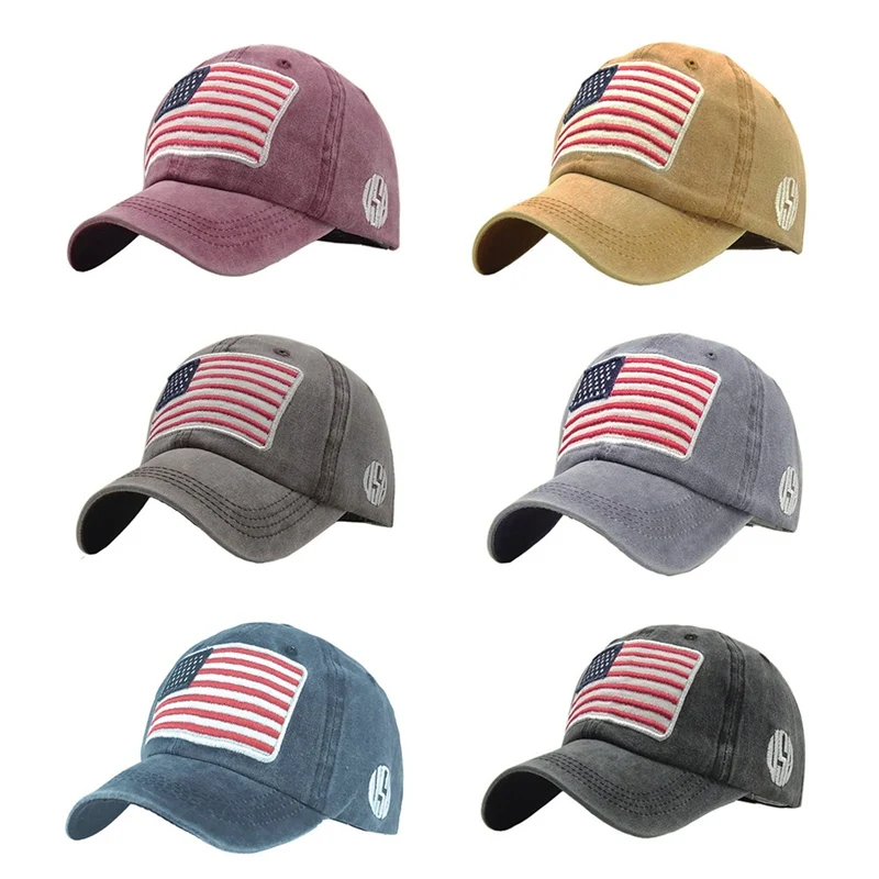Baseball Cap Retro Washed American Flag Letter Embroidered Cotton Hat Headwear Outdoor Sports Wear