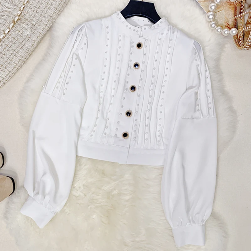 Высокое качество, новейшая мода, подиумная дизайнерская блузка, женская блуза с длинным рукавом и бисером, рубашка