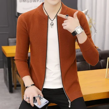 

2020 Autumn New Men's Knitted Cardigan Youth Stand Collar Solid Color Zipper Fashion Handsome Wear Sweater