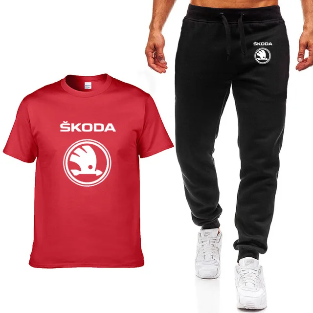 Модные летние мужские футболки для Skoda, с логотипом, в стиле хип-хоп, повседневные, хлопковые, с коротким рукавом, высокое качество, футболка, штаны, костюм, мужская одежда - Цвет: as picture