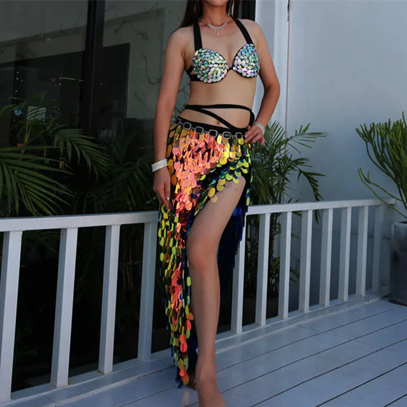 

Glitter Rhinestones Sequins 2 Piece Set Low Cut Lace Up Backless Crop Tops High Split Sexy Slim Skirts Women Belly Dance Outfits
