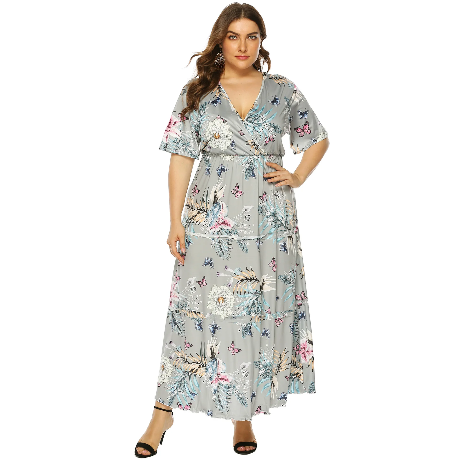 Летнее новое длинное платье размера плюс для женщин, большие свободные повседневные платья с коротким рукавом и цветочным принтом, платья с v-образным вырезом серого цвета 4XL 5XL 6XL 7XL