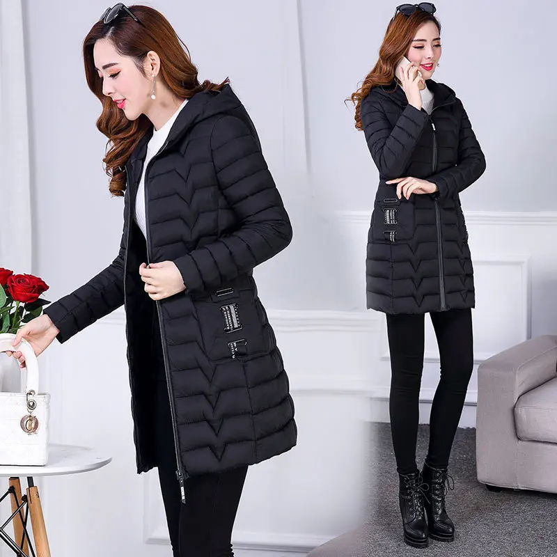 

2019 Korean-style New Style Autumn And Winter Woman Cotton Dress Slim Fit Hooded Plus-sized Women Jacket Slim Fit Warm Mid-lengt