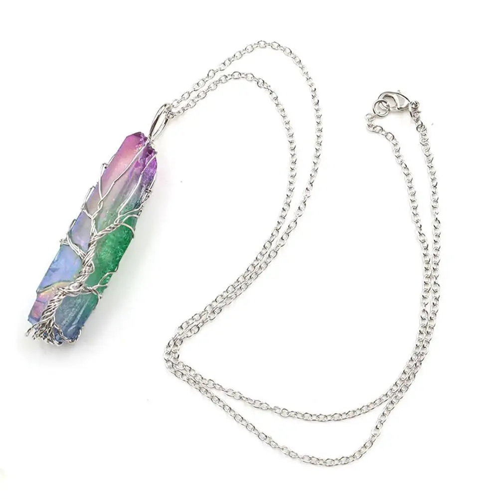 Natural Stone Rainbow Quartz tree of life Pendant Necklace Women Men Pendulum Reiki Healing Chakra Boho Jewelry Colorful