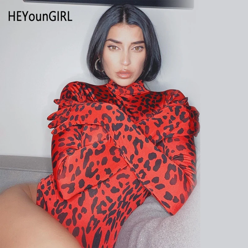 

HEYounGIRL Leopard Printed Turtleneck Bodysuit Long Sleeve with Gloves Bodycon Jumpsuits Ladies Red Cheetah Body Women Autumn
