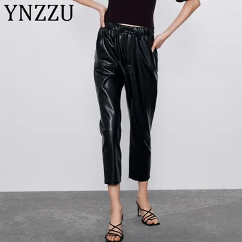 

YNZZU Stylish Casual Pu Leather Pants Women 2020 Fashion Elastic Waist Drawstring Tie Ankle Trousers Pantalones Mujer AB268